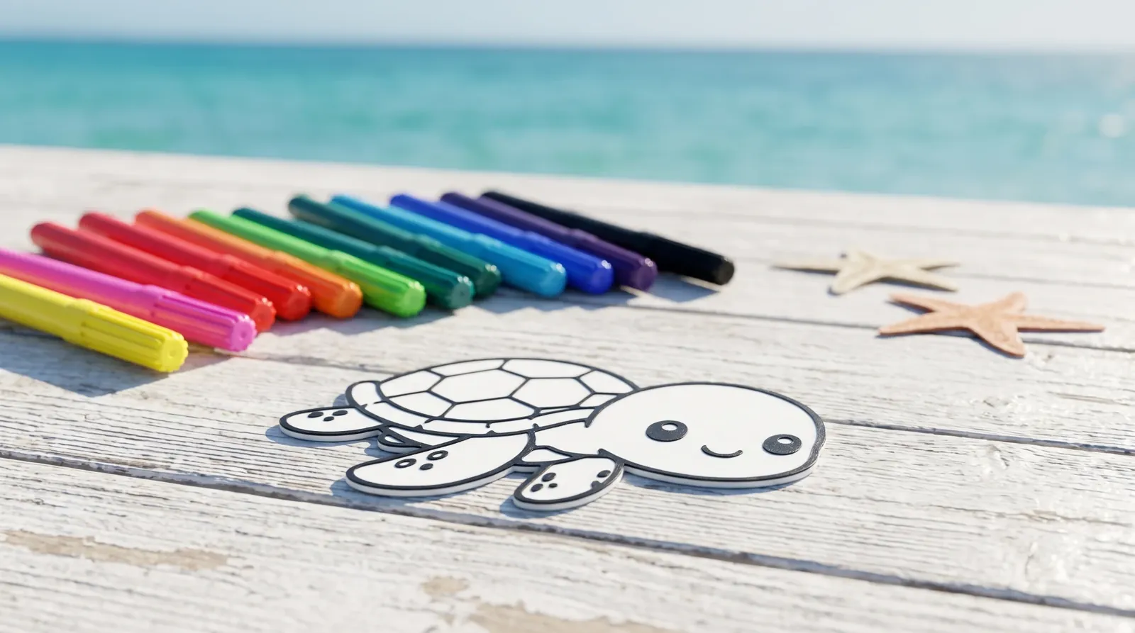 Sea Turtle figure with washable markers on a deck by the sea