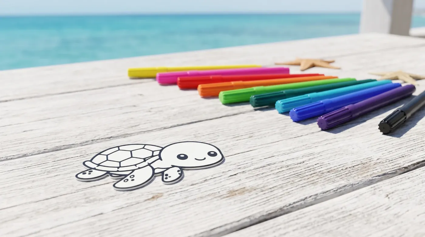 Sea Turtle figure with washable markers on a wooden deck