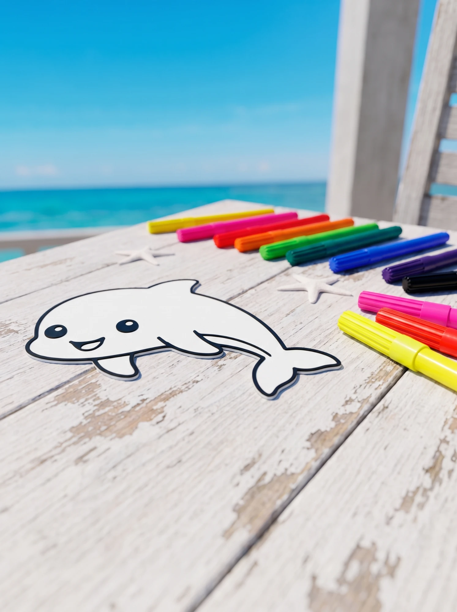Dolphin with washable markers by the sea