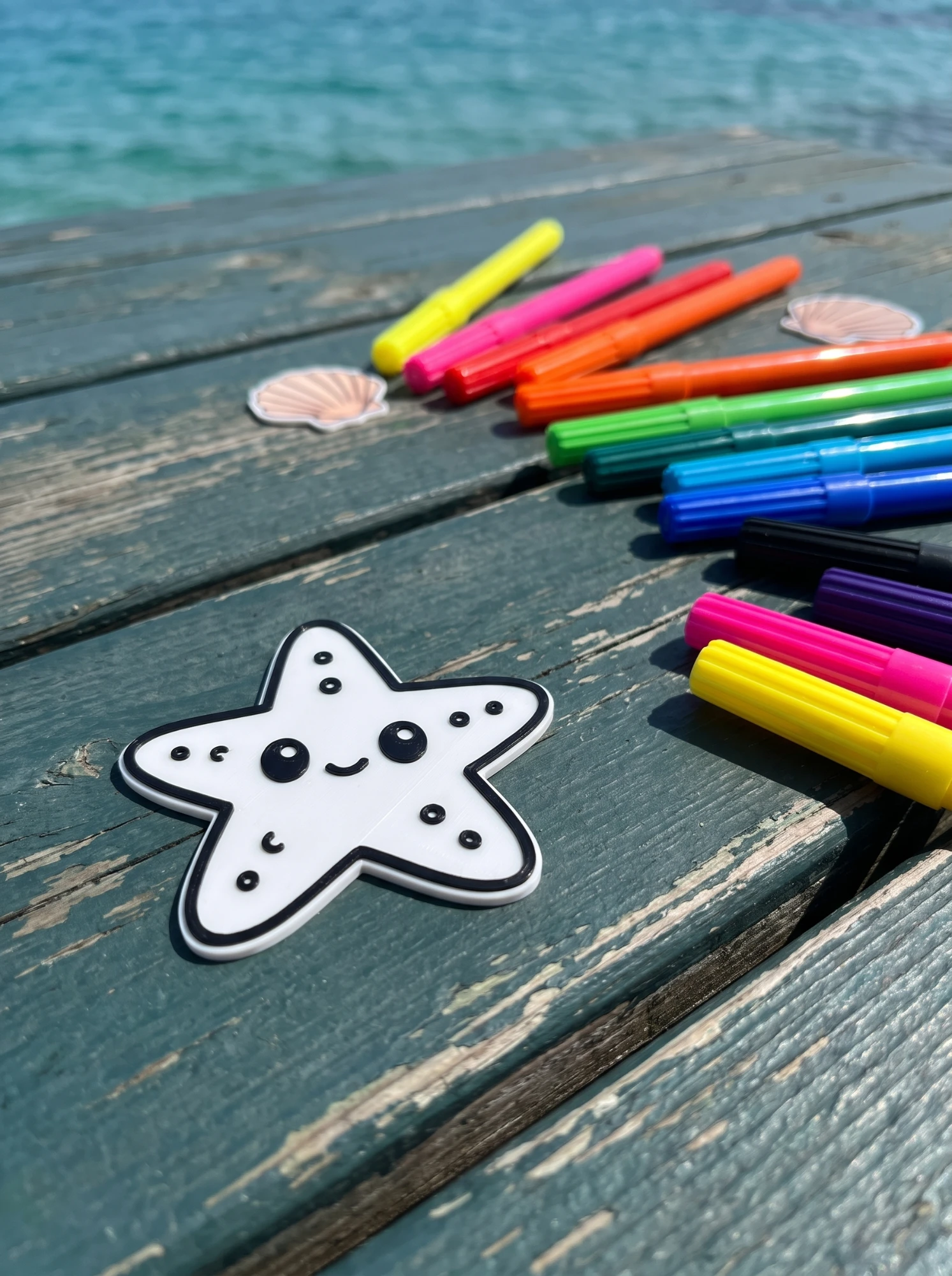 Starfish with washable markers by the sea