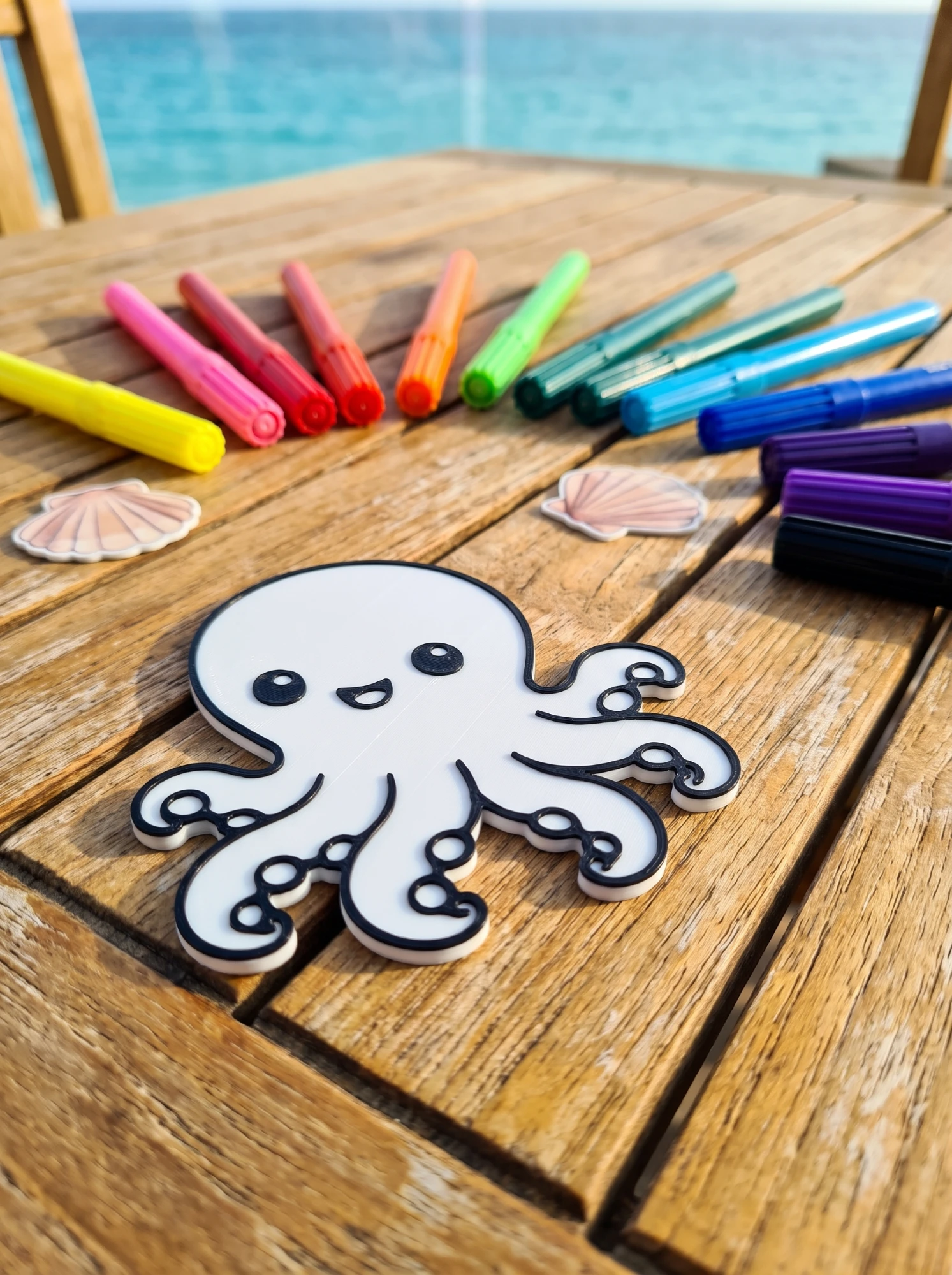 Octopus with washable markers by the sea