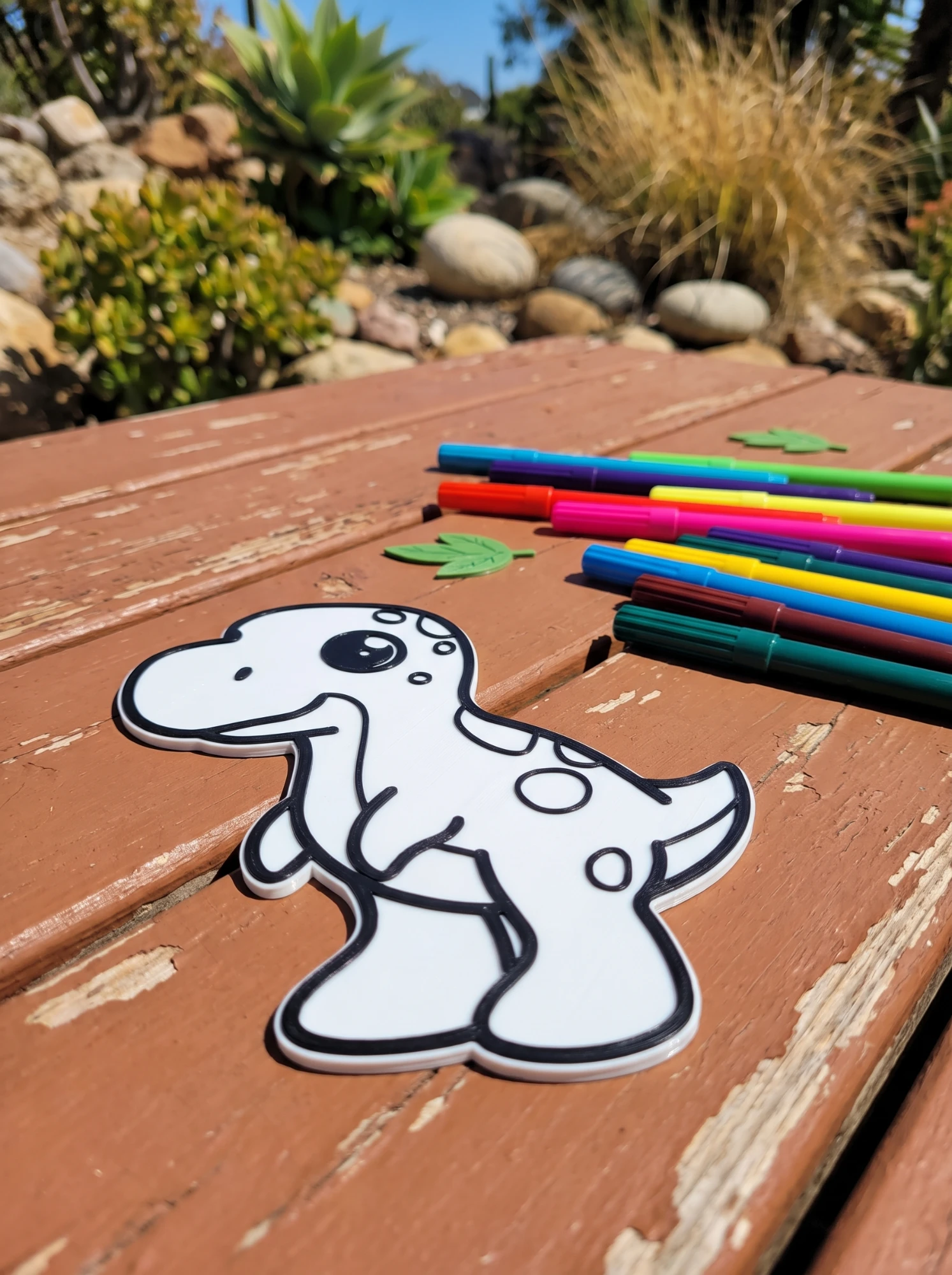 T-Rex with washable markers in the garden