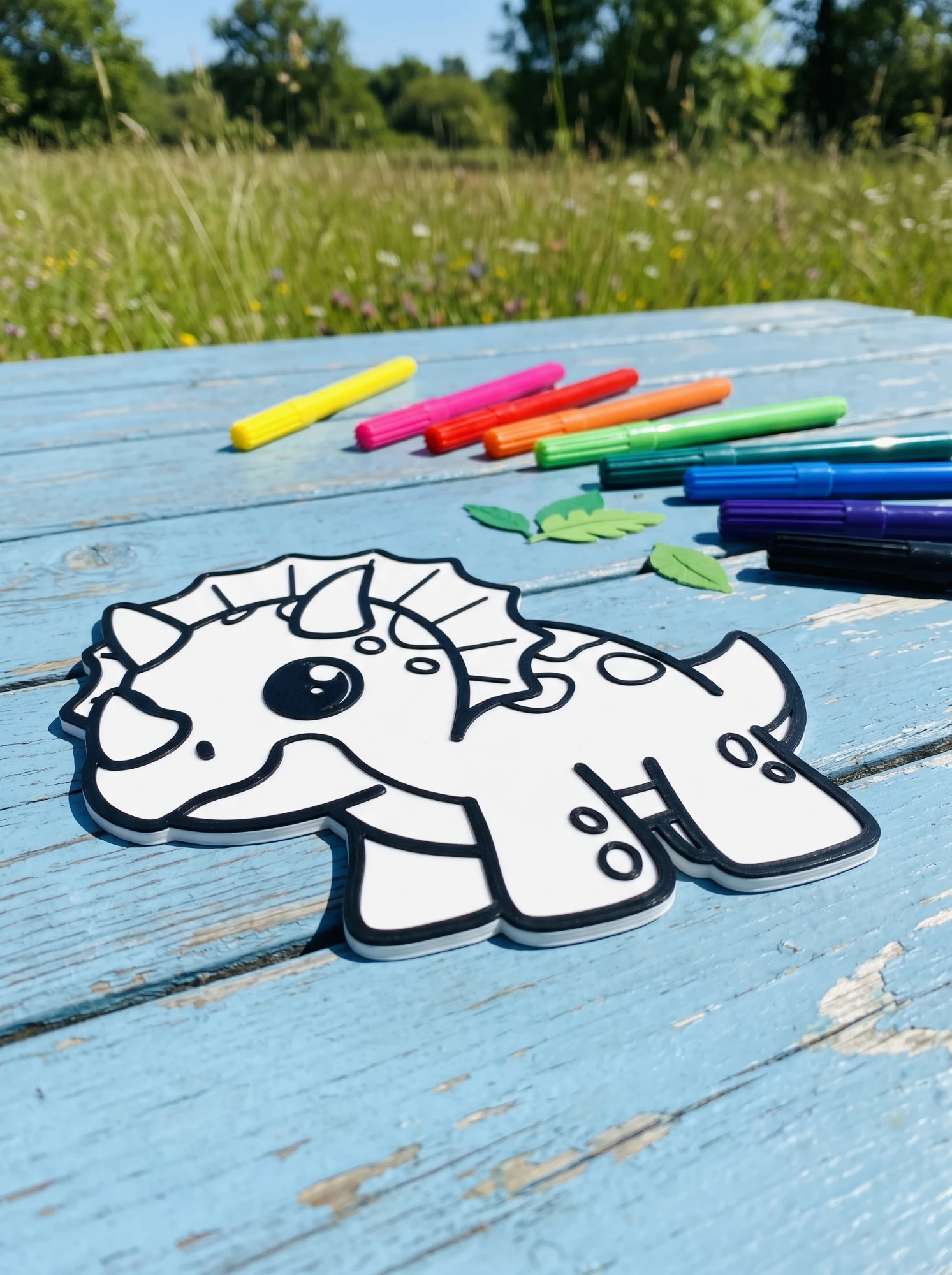 Triceratops with washable markers in a meadow
