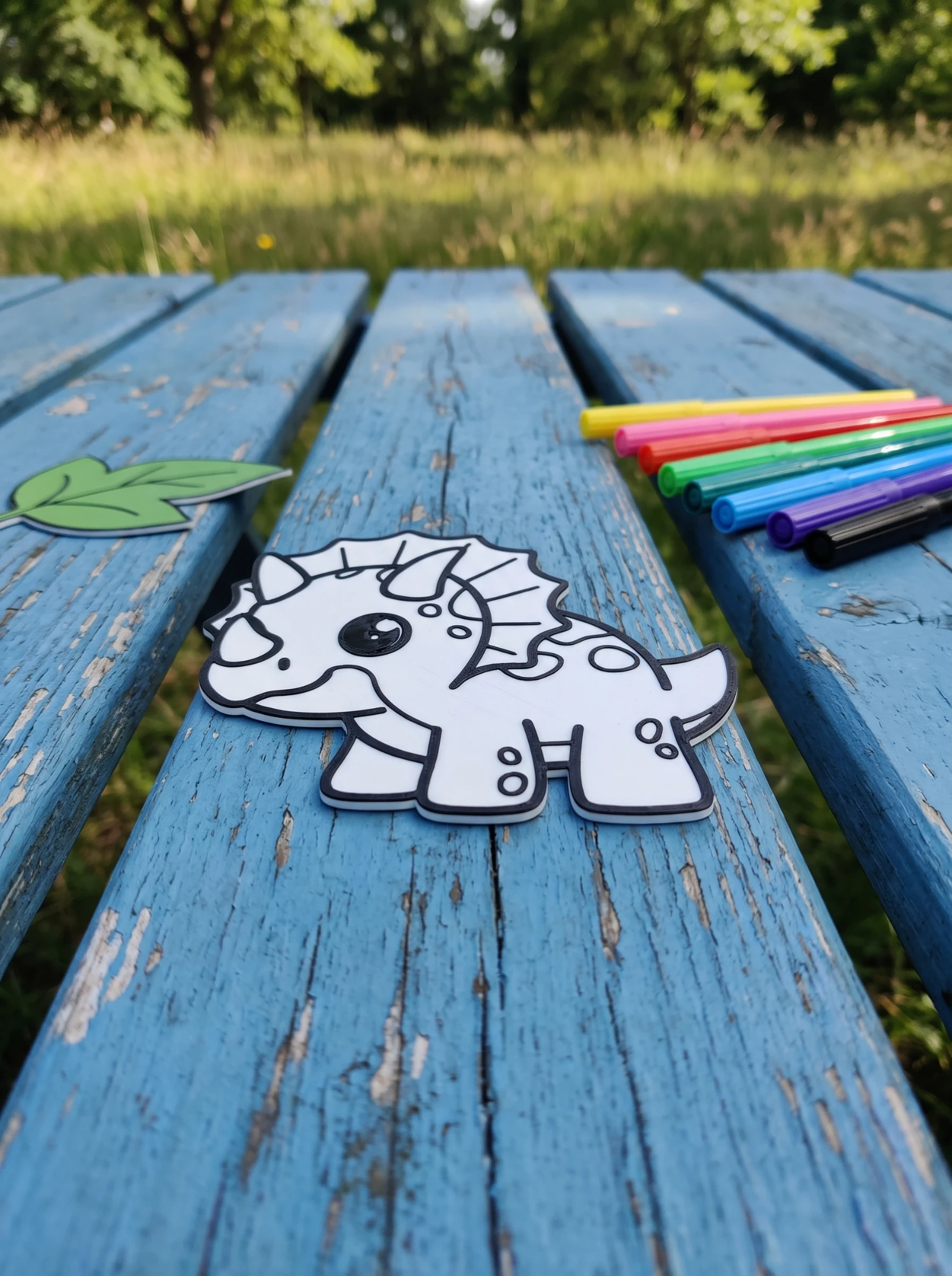 Triceratops on a blue garden bench