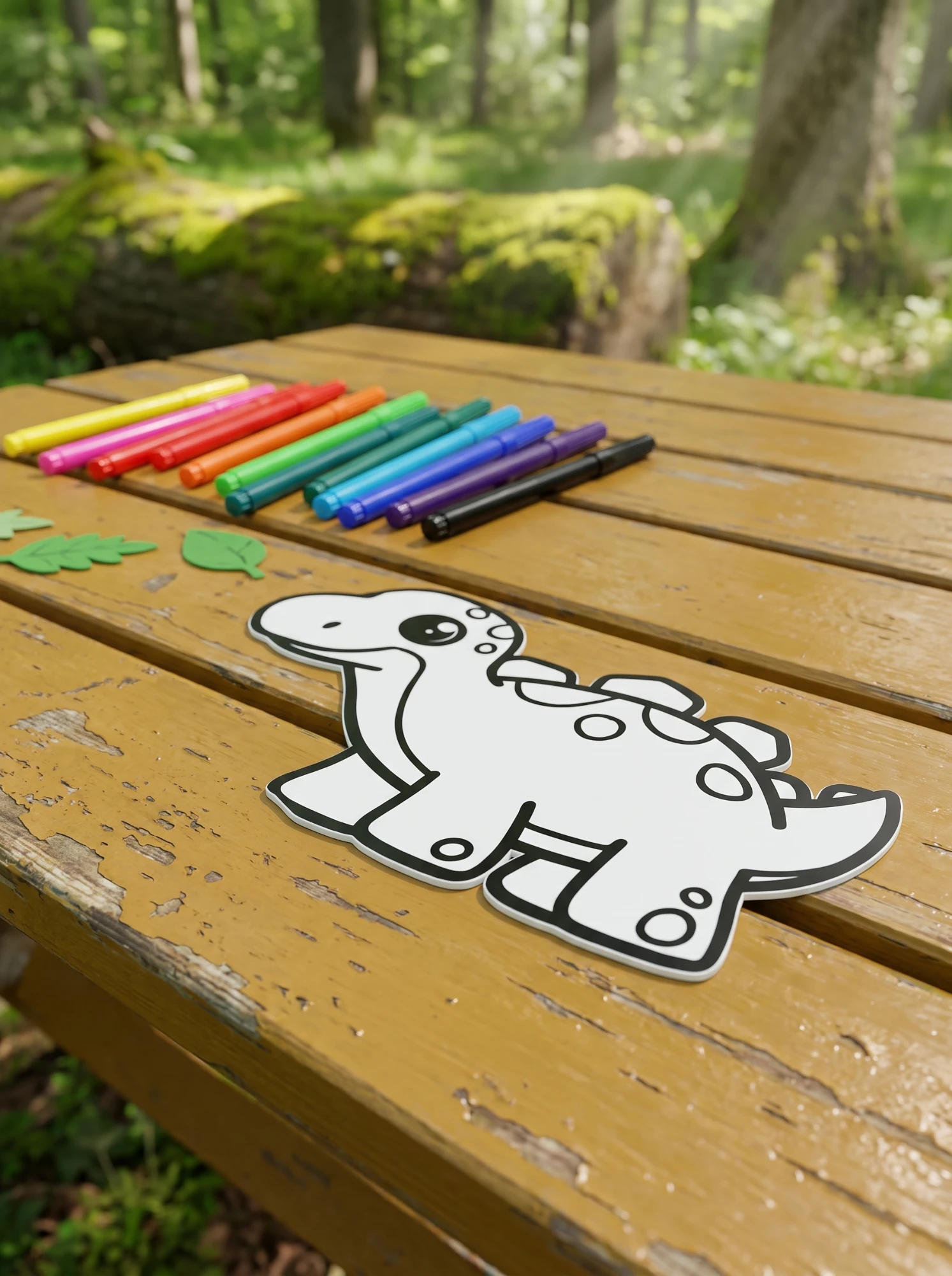 Stegosaurus with markers and leaves